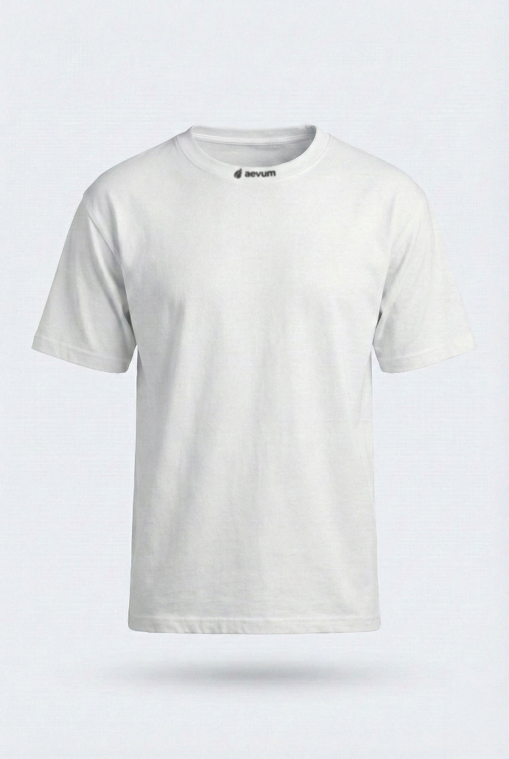 White t-shirt with a brand logo on a light gray background